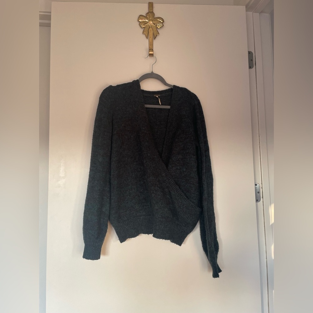 Free people slouchy green and black faux wrap low cut sweater